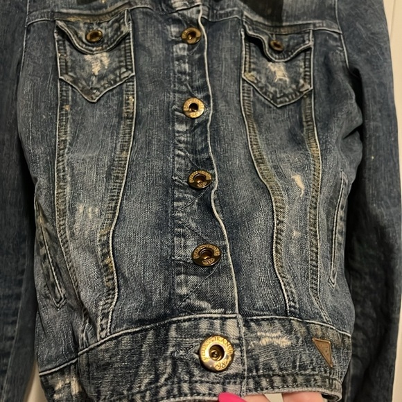 Guess Y2K Vintage Distressed Jean Denim Jacket Stretch Size Large w Gold Paint - Picture 5 of 10